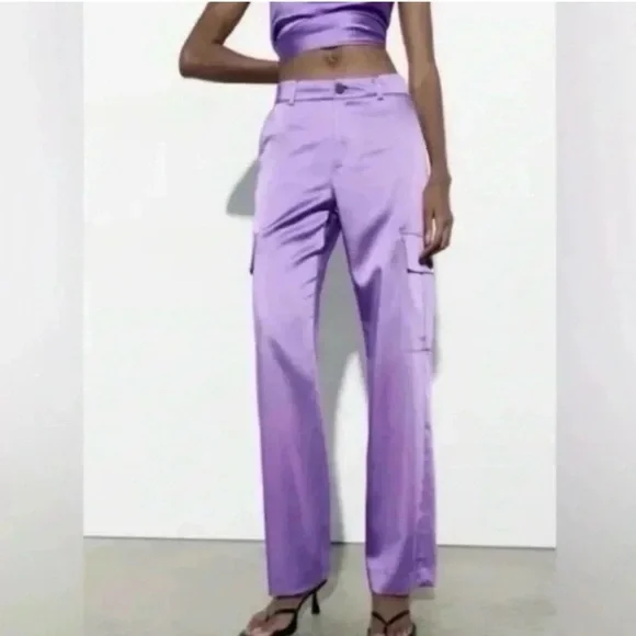 Zara Satin Lavender Cargo Pants Silky Straight Leg Utility Trousers Size XS - Picture 8 of 8